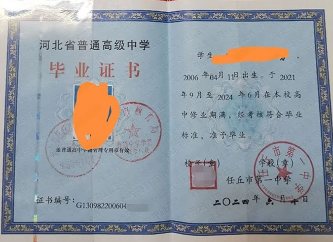 泉州任丘市第一中学高中毕业证样本图片